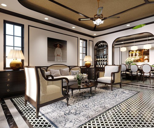 Phòng khách biệt thự mang đậm nét thanh lịch của phong cách thiết kế Đông Dương