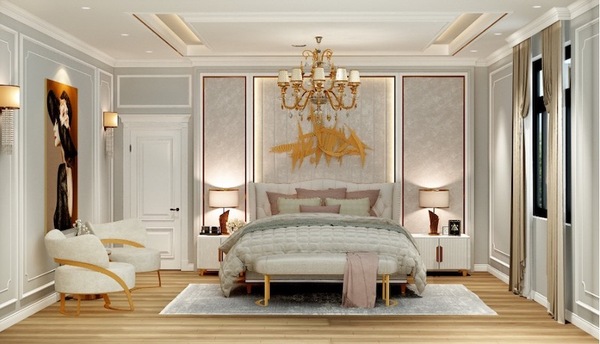 Không gian phòng ngủ tân cổ điển sử dụng gam màu trắng chủ đạo, điểm nhấn là các chi tiết trang trí màu vàng kim