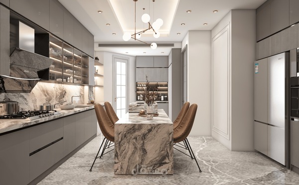 Không gian phòng bếp phong cách tân cổ điển sử dụng đá ốp cẩm thạch với hoa văn cổ điển
