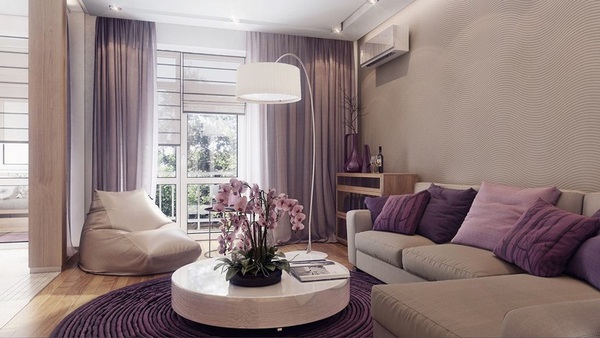 Không gian phòng khách này cũng vận dụng sáng tạo các sắc độ khác nhau của màu tím để tạo chiều sâu cho không gian.