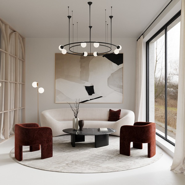 Phòng khách điển hình của phong cách tối giản: màu sắc tối thiểu, trang trí đơn giản và tận dụng ánh sáng tự nhiên