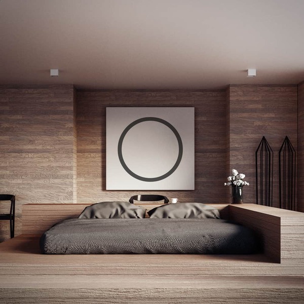 Phòng ngủ phong cách tối giản với giường ngủ khung gỗ tự nhiên và bức tranh tường đơn giản