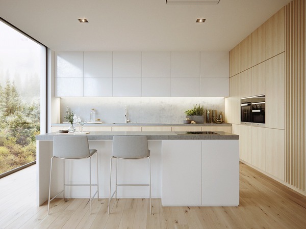 Phòng bếp phong cách tối giản có sự kết hợp hai gam màu trắng và be sạch sẽ, khung cửa kính lớn đón ánh sáng tự nhiên giúp không gian luôn tràn đầy sức sống