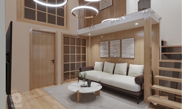 Không gian phòng khách sử dụng vật liệu gỗ kết hợp với hệ thống ánh sáng ngả vàng tạo nên cảm giác ấm cúng
