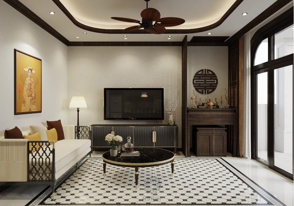 Không gian phòng khách gây ấn tượng với những đường cong và sự phối màu đen trắng mang đặc trưng của phong cách Indochine