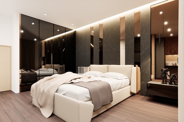 Không gian phòng ngủ được thiết kế tối giản, gọn gàng với kệ tủ ẩn đặc biệt ấn tượng