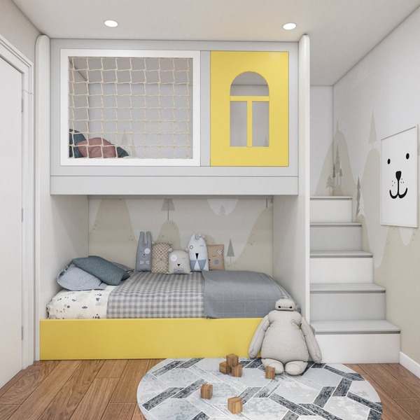 Phòng ngủ của 2 đứa bé với thiết kế giường tầng thông minh, đảm bảo sự riêng tư