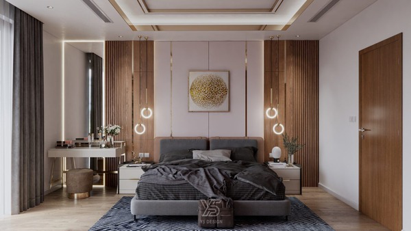 Phòng ngủ phong cách hiện đại được bài trí đơn giản, điểm nhấn là hệ thống đèn chiếu sáng vàng ấm áp và bức tranh treo tường sống động