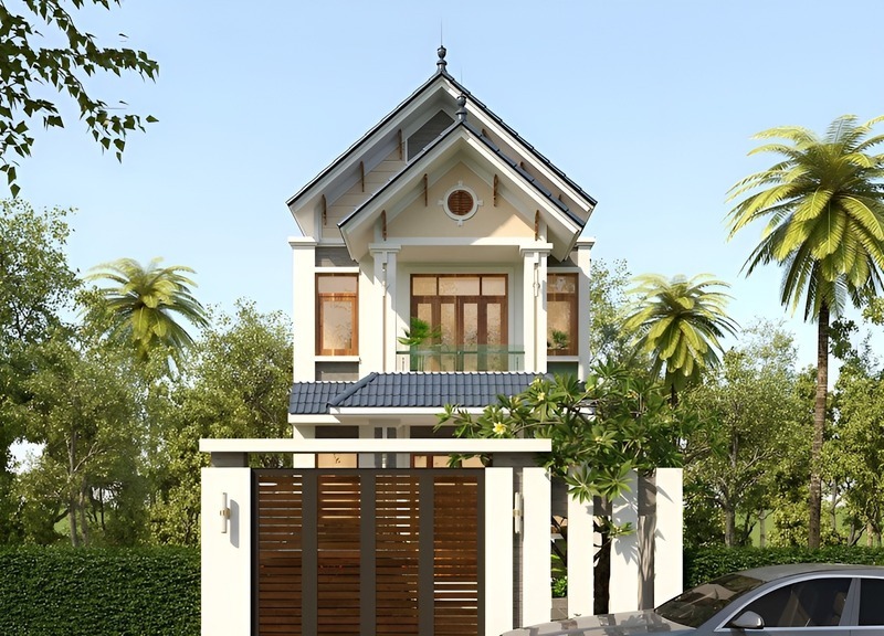 Căn nhà ống 2 tầng mái Thái được thiết kế với gam màu tươi sáng cùng hệ thống cửa lớn giúp căn nhà bừng sáng ánh nắng mặt trời