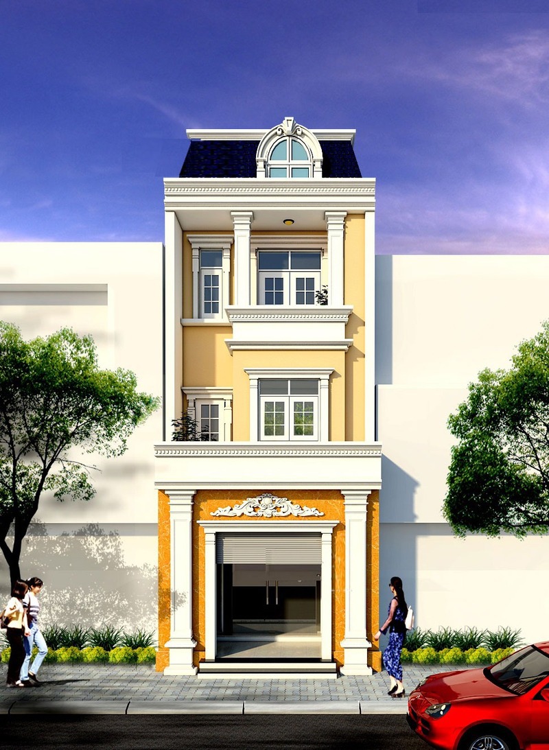 Căn nhà phố tân cổ điển 3 tầng 1 mặt tiền thu hút mọi ánh nhìn với thiết kế các trụ cột đối xứng cùng gam màu cam nổi bật