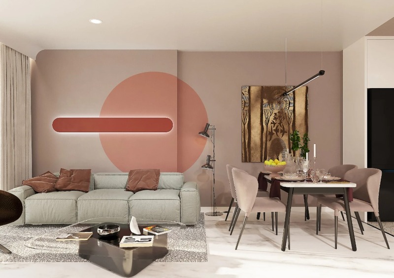 Không gian nội thất phòng khách màu hồng pastel cho chủ nhà mệnh Hỏa yêu thích sự nhẹ nhàng, nữ tính