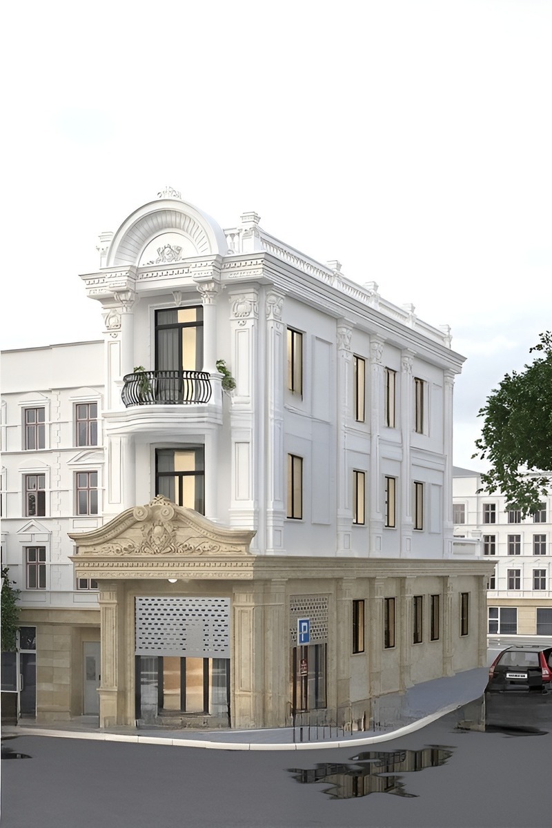 Căn nhà phố 3 tầng tân cổ điển 2 mặt tiền nổi bật nhất con phố với gam màu trắng - vàng tương phản cùng các họa tiết độc đáo, ấn tượng được thiết kế đối xứng nhau