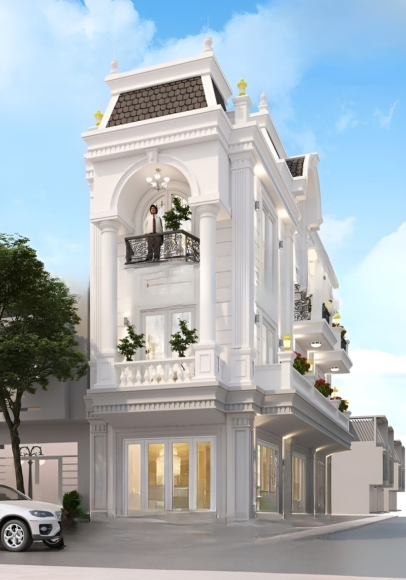 Căn nhà phố 3 tầng 2 mặt tiền phong cách tân cổ điển được bố trí nhiều tiểu cảnh cây xanh, giúp căn nhà phố trở nên đầy sức sống và cuốn hút