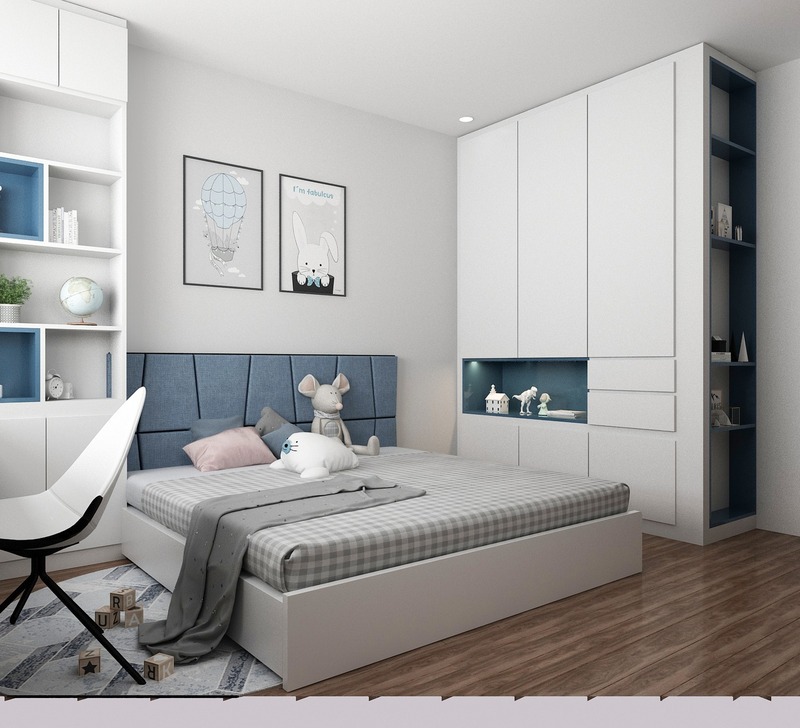 Căn phòng ngủ mang phong cách hiện đại với các món đồ nội thất được làm từ nhựa Acrylic màu trắng sáng bóng kết hợp cùng các điểm nhấn xanh dương ấn tượng