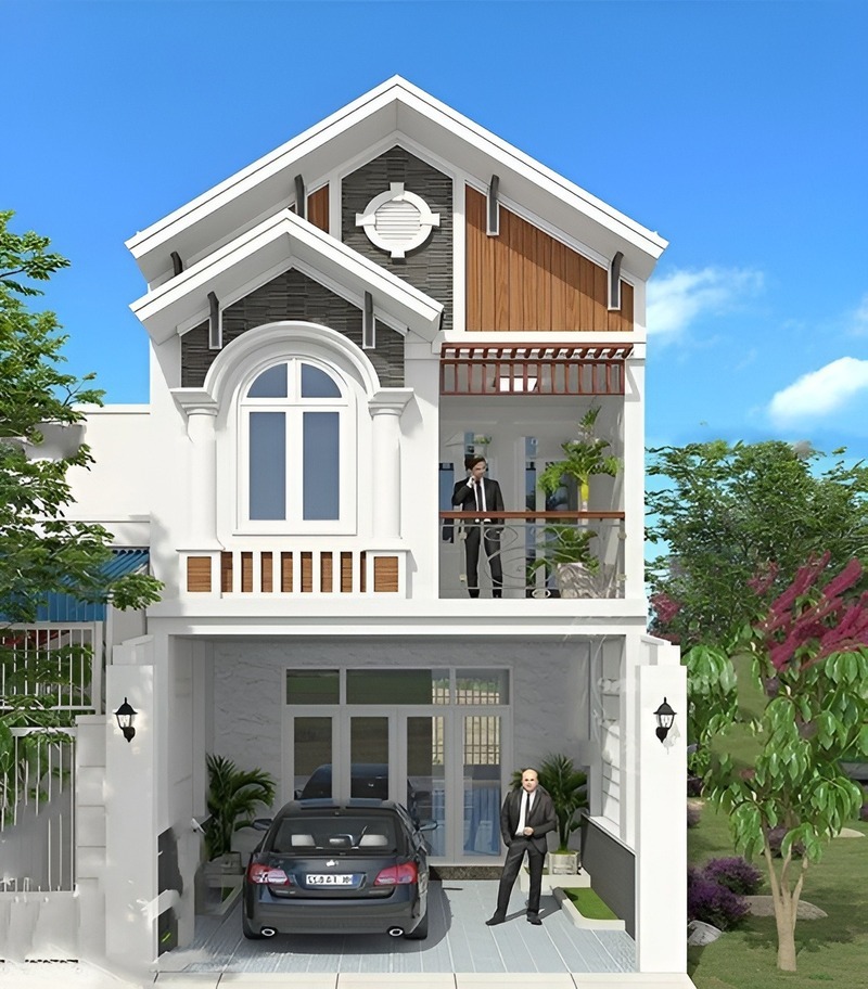 Nhà phố mái Thái 2 tầng có gam màu trắng tinh khiết kết hợp cùng vật liệu gỗ trang trí tường là điểm nhấn nổi bật cả ngoại cảnh căn nhà