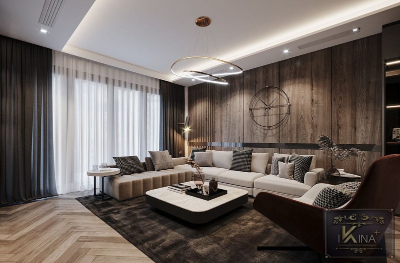 Căn phòng khách hiện đại với tông màu trắng - nâu được phối hợp hài hòa giữa các món đồ nội thất khác nhau như rèm cửa, sàn - tường nhà, bộ bàn ghế