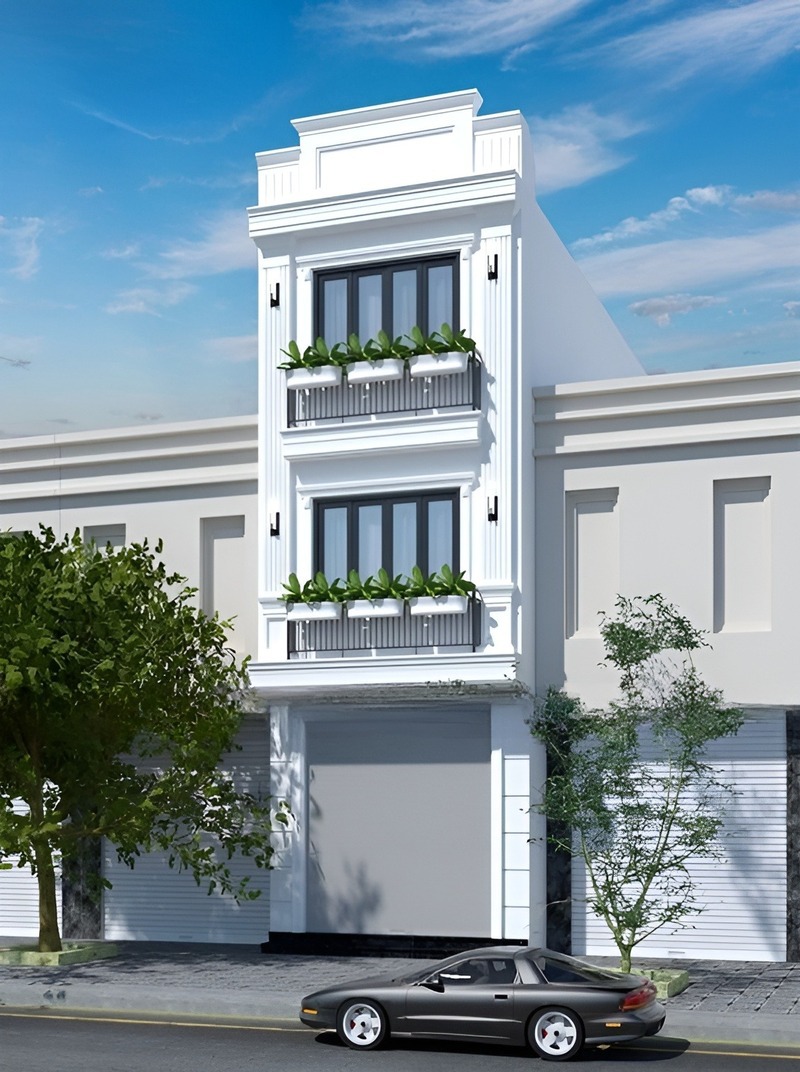 Căn nhà phố 3 tầng mái bằng tân cổ điển có sắc trắng tinh khiết được điểm xuyết bằng tiểu cảnh cây xanh và ban công hiện đại, cuốn hút