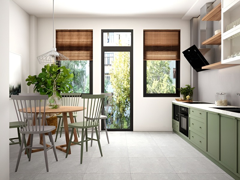 Căn bếp tràn ngập ánh sáng và căng tràn sức sống của người mệnh Hỏa với hệ thống cửa kính, cây xanh trang trí và hệ tủ màu gỗ màu xanh