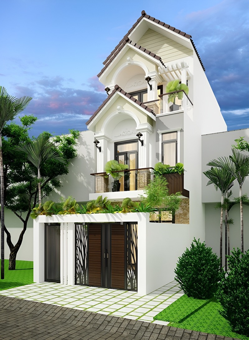 Nhà phố mái Thái 3 tầng mang một vẻ đẹp vô cùng tươi mát và tràn trề sức sống với các tiểu cảnh cây xanh được trồng quanh nhà