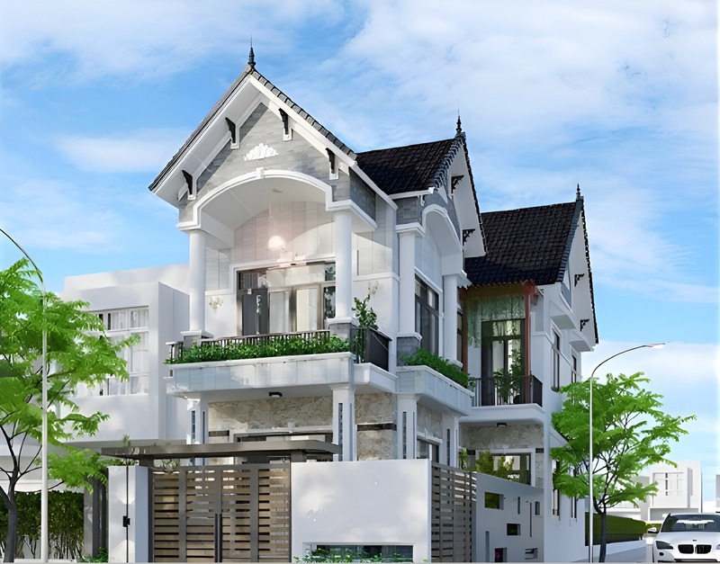 Căn nhà phố mái Thái 2 tầng 2 mặt tiền mang vẻ đẹp cổ điển, kết hợp với không gian xanh và hệ thống cửa gỗ hiện đại giúp căn nhà như tươi mới và thời thượng hơn