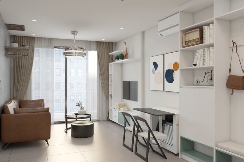 Phòng khách tại căn hộ Vinhomes Ocean Park mang sắc trắng tinh khiết kết hợp với các điểm nhấn tinh tế như bộ bàn ghế, rèm cửa, tranh treo tường