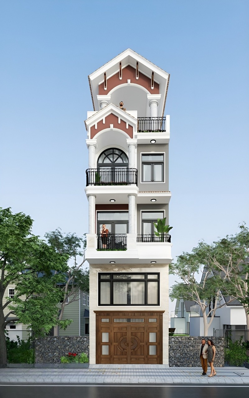 Nhà phố mái Thái 5 tầng mang vẻ đẹp vượt thời gian với sự kết hợp hài hòa giữa kiến trúc hiện đại và cổ điển