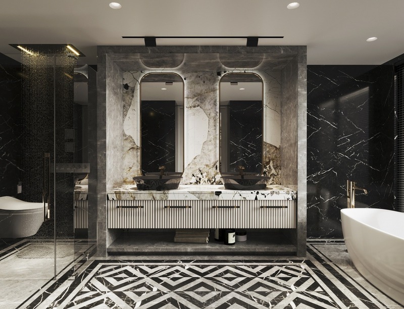 Phòng tắm với phong cách sang trọng, được ốp đá toàn bộ tạo nên vẻ hào nhoáng, xa xỉ