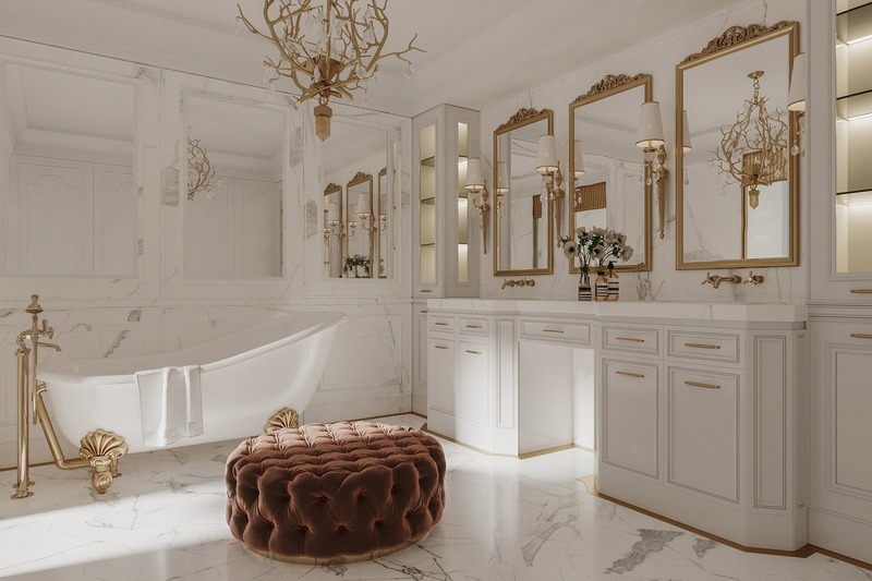 Phòng tắm sang trọng với các chi tiết nội thất được mạ vàng và tạo hình tinh xảo mang một chút hơi hướng vintage cổ điển