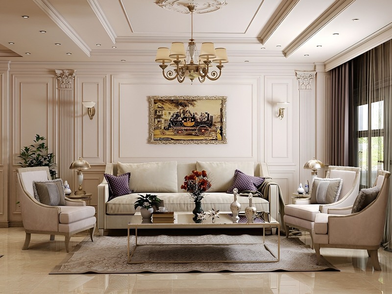 Bộ bàn ghế sofa hiện đại kết hợp với hệ đèn chùm quý phái tạo nên một tổng thể phòng khách nhà phố tân cổ điển vô cùng sang trọng, thanh lịch