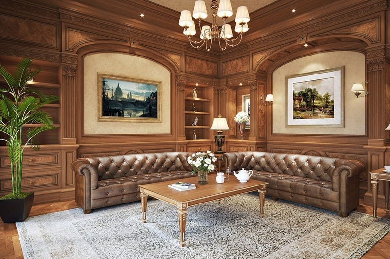 Không gian phòng khách sử dụng nội thất gỗ tự nhiên làm chủ đảo, các đường nét hoa văn chạm khắc cực kỳ công phu và thẩm mỹ thể hiện hoàn hảo đẳng cấp của chủ nhà