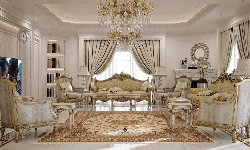 Thiết kế nội thất phòng khách toát lên vẻ vương giả với hoa văn vàng kim uốn lượn