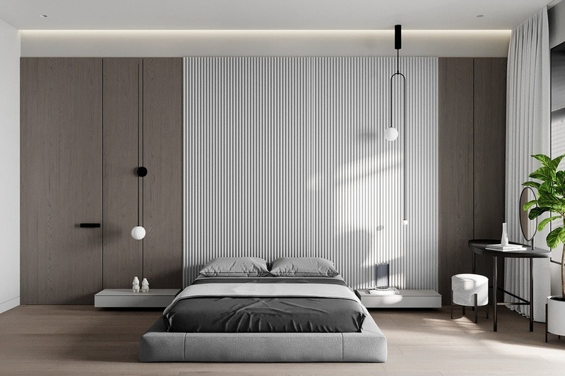 Thiết kế phòng ngủ sử dụng nội thất tối giản có không gian tràn ngập ánh sáng tự nhiên, gam màu nâu xám và trắng làm không gian thêm phần tinh tế 