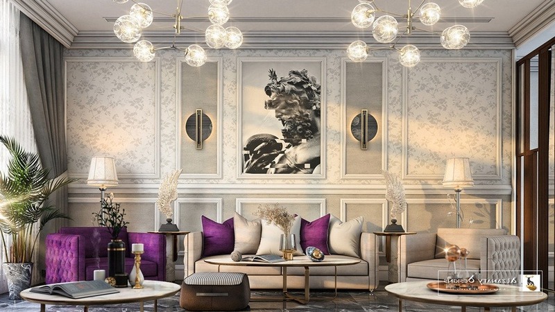 Không gian nội thất phòng khách được thiết kế hút mắt với các mảng tường có hoạ tiết hoa lá nhẹ nhàng cùng điểm nhấn là bộ sofa màu tím - trắng tương đối nổi bật