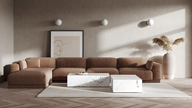 Không gian phòng khách sử dụng hiệu ứng bóng đổ và ánh làm tôn lên hình dáng, đường nét sang trọng của đồ nội thất