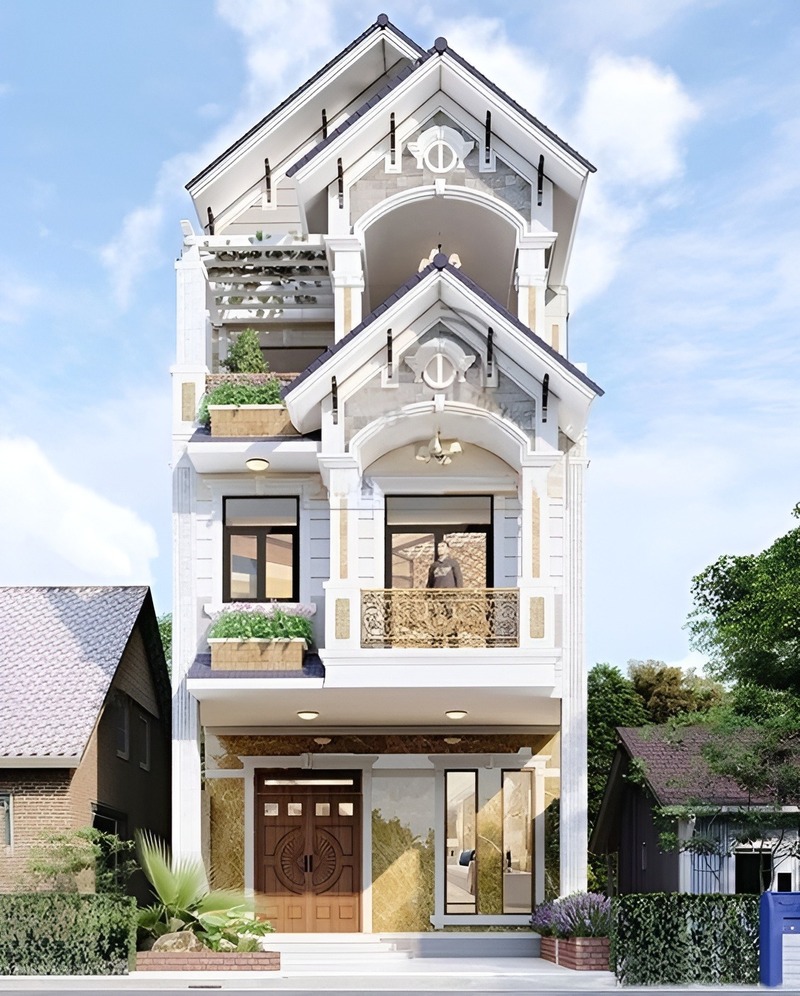 Nhà phố mái Thái phong cách tân cổ điển sở hữu tone màu vàng trắng hài hòa kết hợp cùng nhiều tiểu cảnh cây xanh nổi bật