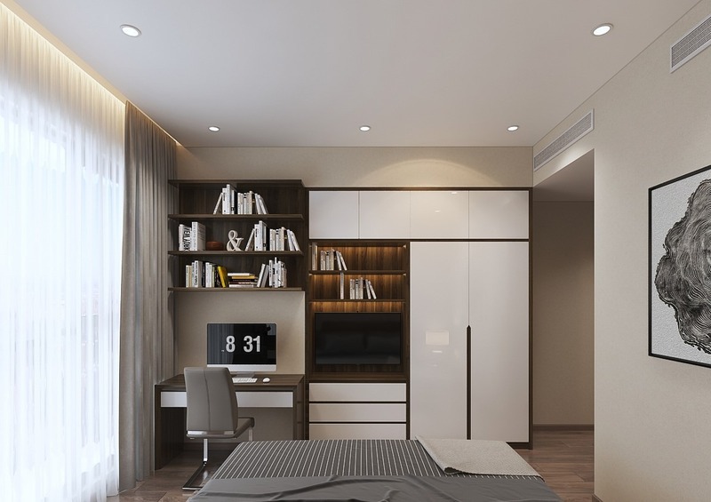 Phòng ngủ kết hợp phòng làm việc hướng tới sự giản lược tối đa về số lượng đồ vật; các nội thất đa năng thông minh tạo nên sự gọn gàng, tiện nghi