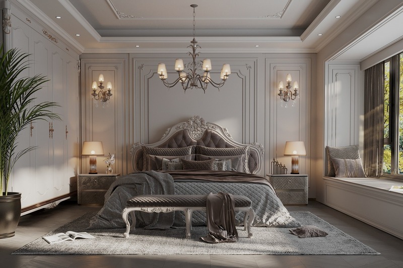 Không gian phòng ngủ tân cổ điển sang trọng là sự kết hợp hài hòa giữa những gam màu trung tính, nhẹ nhàng và quyến rũ