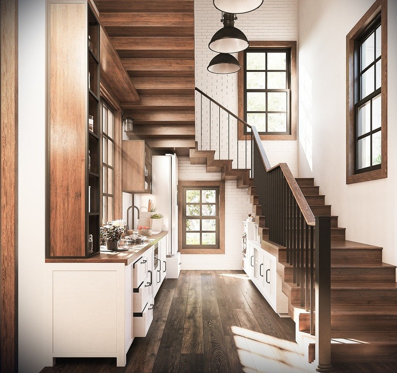 Góc bếp theo phong cách Rustic với các chi tiết gỗ tinh tế, khung cửa sổ được bố trí dày đặc đón ánh sáng tự nhiên