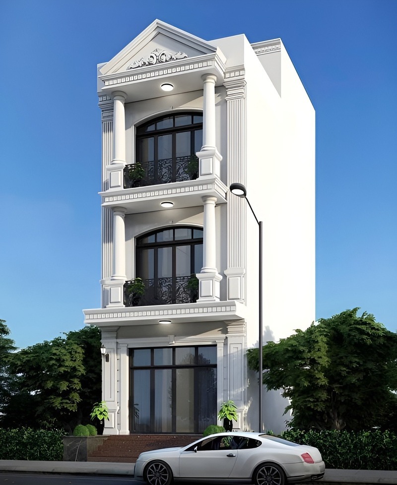 Nhà phố 3 tầng 1 tum tân cổ điển với gam màu trắng làm chủ đạo, tạo nên tổng thể căn nhà vô cùng sang trọng, tinh tế
