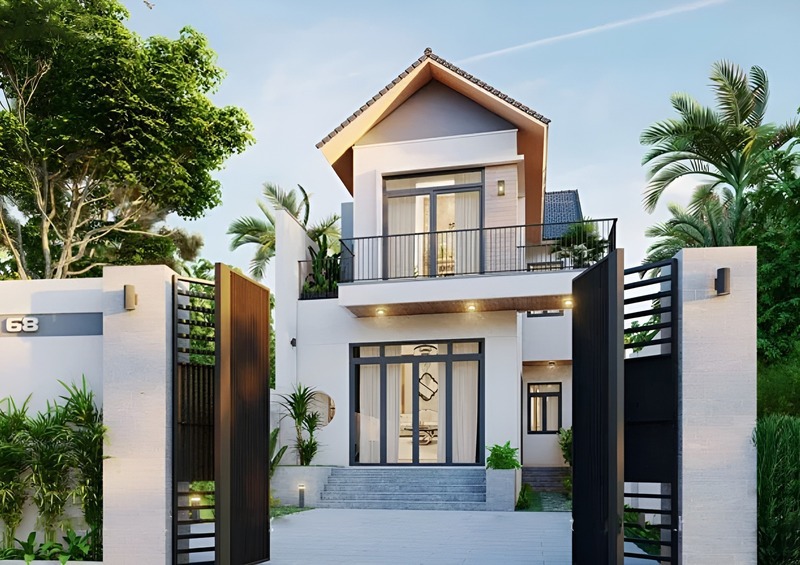 Thiết kế hệ mái Thái màu nâu và cổng gỗ làm nổi bật lối thiết kế tối giản, hiện đại của căn nhà phố mái Thái 1 mặt tiền