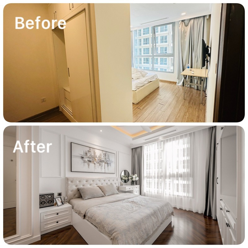 Phòng ngủ tân cổ điển tập trung vào các đường nét nhẹ nhàng, mềm mại; vách tủ âm tường được tháo dỡ giúp không gian thông thoáng hơn 