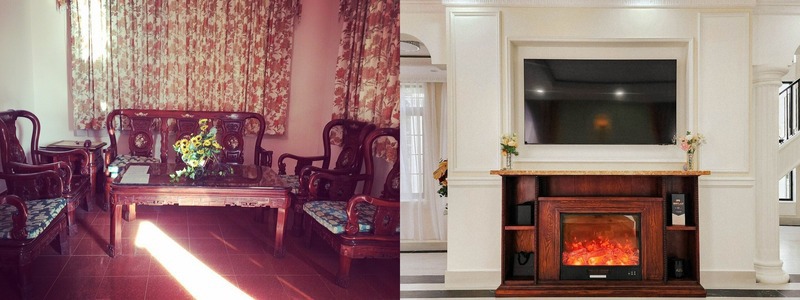 Phòng khách sau khi cải tạo màu kem kết hợp với trắng cả trong và ngoài nhà mang cảm giác thanh lịch và sang trọng theo đúng tinh thần của phong cách tân cổ điển