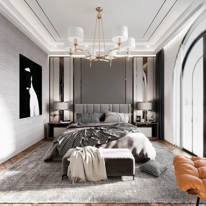 Không gian phòng ngủ nhà phố 3 tầng tân cổ điển với gam màu đen - trắng - vàng, tạo nên vẻ đẹp thời thượng, sang trọng và đẳng cấp