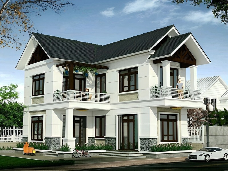 Căn nhà phố mái Thái 2 tầng chữ L mang gam màu trắng và mái xanh lam đậm, tạo nên vẻ đẹp thời thượng, sang trọng cho căn nhà