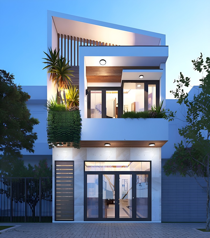 Nhà phố 2 tầng 5x20 mái lệch với hệ lam chắn nắng gỗ, không chỉ giúp nâng cao tính thẩm mỹ mà còn đem tới luồng khí mát mẻ, thông thoáng cho căn nhà